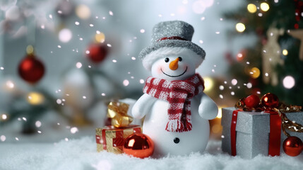 Fototapeta premium Merry Christmas Greeting with Cute Snow Man Giving Gift in Outdoor For Winter Holiday Eve Background Selective Focus