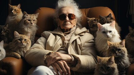 Crazy old granny in glasses, cat lady, sitting in a chair in  cloak, with her many favorite cats at home - obrazy, fototapety, plakaty