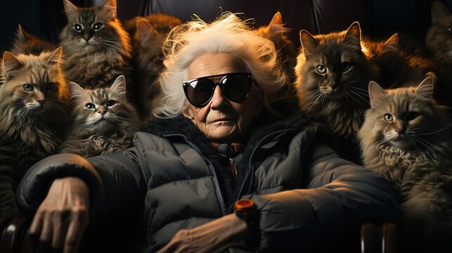 Crazy old granny gray-haired in sunglasses cat lady sitting in a chair with her many cats