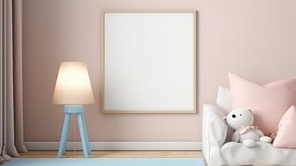Blank vertical frame on monochrome soft background in children's room. Mock up for a photo or illustration