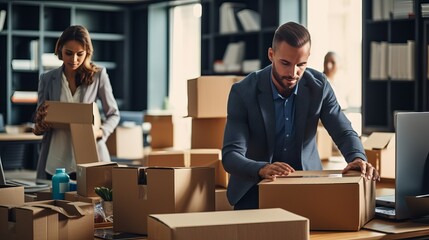diverse coworkers unpacking boxes and settling into the office