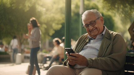 Older man with mobile phone in park on bench. Concept of Senior technology use, park relaxation, mobile phone in hand, outdoor leisure, bench sitting, digital connection.