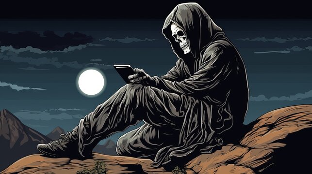An illustration of the Grim Reaper leaning against a rock, staring boredly at their phone.