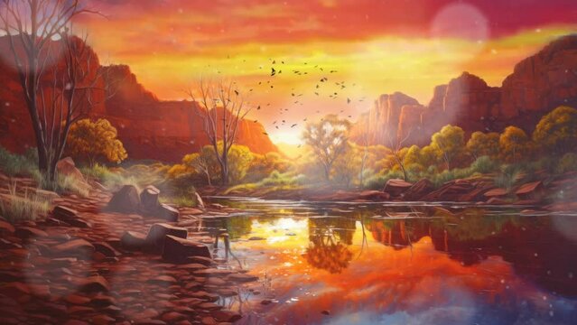 beautiful landscape sunset in the mountains background with anime or cartoon style. seamless looping time-lapse virtual video animation background.