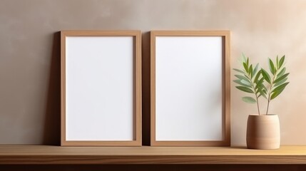 Fototapeta na wymiar Blank vertical frame on a monochrome soft background in beige colors. Mock up for a photo or illustration