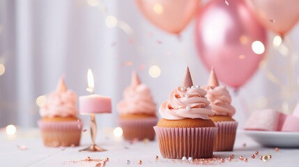 Celebration of a birthday with a pink cupcake, party hats, and rose gold balloons