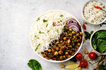 Homemade channa Saag | Curried chickpeas with spinach served with basmati rice - obrazy, fototapety, plakaty