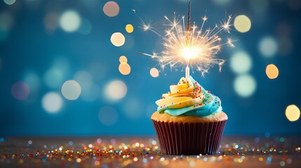 cupcake for a birthday party sprinkles and sparklers for a birthday celebration - obrazy, fototapety, plakaty