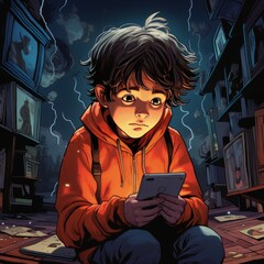 Boy, phone-dependent child, child secretly using a phone and technology, mesmerized child, smartphone addicted, child addiction, children's technology abuse, child hiding with a phone at night