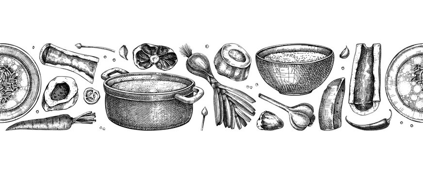 Healthy food background. Marrow bone broth border. Hot soup on plates, pans, bowls, organ meat, vegetables, marrow bones sketches. Hand drawn vector illustrations. Homemade food seamless pattern