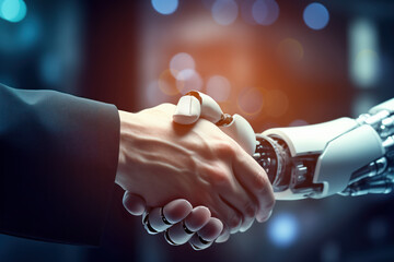 Businessman and AI Artificial Intelligence robot handshake. Business relationship, partnership and teamwork concept. - obrazy, fototapety, plakaty