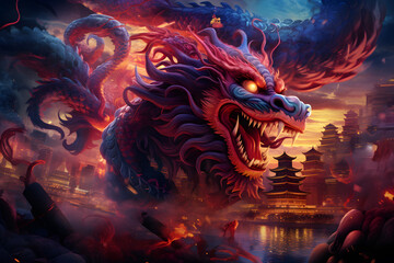 Obraz premium Dragon art with different bright neon colors splashed illustration