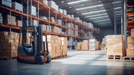 A retail warehouse filled with shelves holding cartons of goods, accompanied by pallets and forklifts