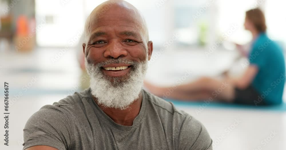 Wall mural Face, yoga and senior man with meditation, fitness and workout in a wellness center, exercise and calm. Portrait, pensioner or old person with happiness, peace and health with a smile, zen or chakra