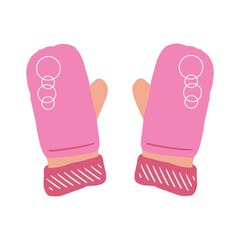 Pair of pink woolen knitted mittens with circles pattern. Woolen knitted gloves isolated on the white background.