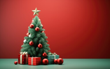 Christmas tree and gifts at the red background.