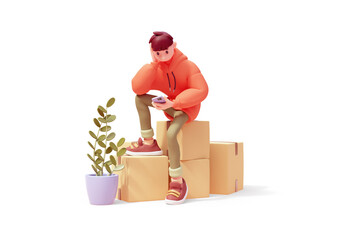 Cute funny сasual guy in fashion clothes red hoodie, green jeans, brown sneakers sits on cardboard boxes holds blue smartphone in one hand, waiting moving company. 3d render isolated transparent.