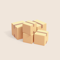 Minimal stylized simple beige cardboard boxes with brown tape. Stacked pile of boxes of sealed goods, personal stuff, home supplies ready for relocation. Moving day concept. 3d render in pastel colors