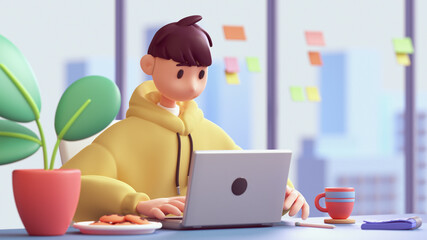 Portrait of successful young asian programmer guy in yellow hoodie uses computer for work sits at blue table, red cup coffee, notebook, cookies, green plant. 3d render of modern office with city view. - obrazy, fototapety, plakaty