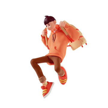 Young cute excited funny smiling сasual active guy wears fashion clothes red hoodie, brown jeans, sneakers, yellow backpack jump up in air have fun, rejoice, joy. 3d render isolated transparent.