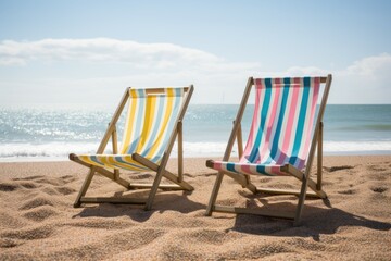 Light-weight Beach chairs umbrella. Sunset tropical resort. Generate Ai