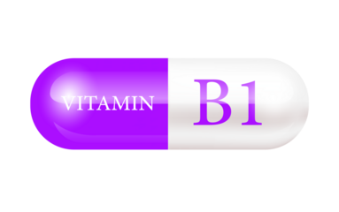 Capsule vitamin B1 (Thiamine) 3D Vector Illustration. Cut out PNG. Structure purple, white. Vitamin complex with chemical formula. Drug business concept. Personal care, beauty. transparent pill.	