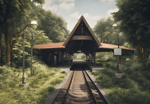An image of a tranquil rural train station surrounded by nature.