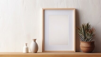 Blank vertical frame on a monochrome soft background in beige colors. Mock up for a photo or illustration