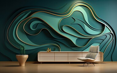 Modern living room with sofa and curving design background.
