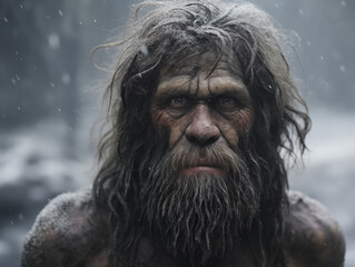 Ancient tough man with messy hairy face in winter, generated by AI