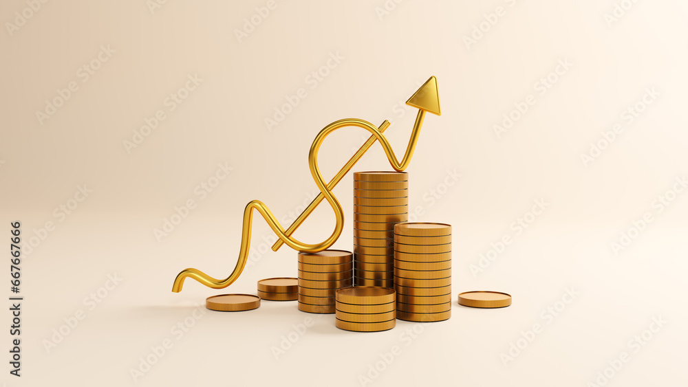 Wall mural 3d gold dollar graph growth symbol with arrow pointing up and financial success and growth concept o