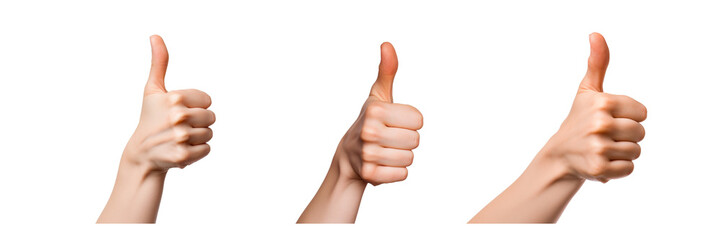 Women's hands with thumbs up sign isolated against a transparent background - obrazy, fototapety, plakaty