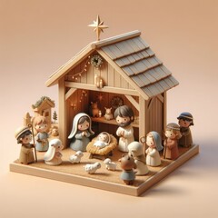 Charming nativity set in a pastel palette displays the Holy Family in a wooden stable, joined by shepherds, wise men, and animals. The scene captures the essence of Christmas with a gentle touch.