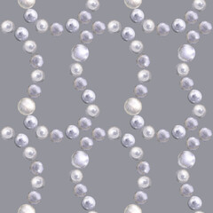 Seamless pattern of a glamour, marine, tropical theme. Shiny pearls. Watercolor hand drawn illustration. On grey background. For decoration and design.