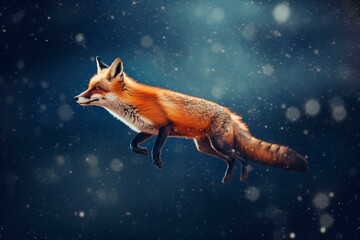 Obraz na płótnie Canvas An image of a fox in mid-air, with a starry sky backdrop, set against a dark background with blue and orange tones. Generative AI
