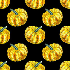 Watercolour pumpkin autumn season illustration seamless pattern. On black background. Hand-painted Ornamental squash. Floral elements.