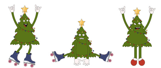 Cartoon Christmas tree Sticker Set isolated transparent background. Trendy Cartoon funky Christmas tree on rollers Collection icon poster symbol in retro Groovy y2k style. Vector art.