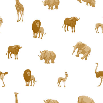 African animals, lion, elephant, gazelle, rhinoceros, cheetah, antelope, hippopotamus, rhinoceros, giraffe. Seamless vector pattern design.