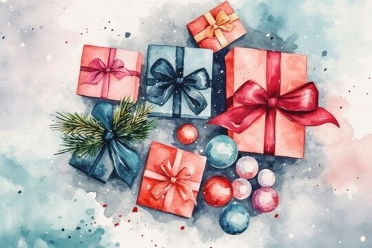 Colored wrapped gift boxes and Xmas balls on snow. Top view. Christmas sale image.