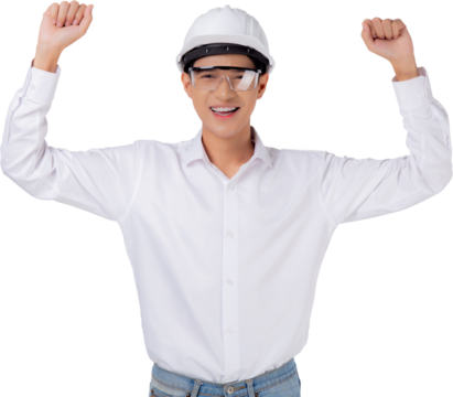 Portrait young asian engineer man wearing helmet excited, male is architect or contractor with glad and success, contractor proud and satisfied, industrial concept.