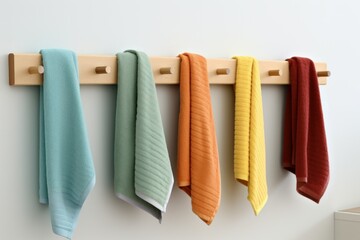 Plush Kitchen colorful towels hanging on rack. Cleaning hook. Generate AI