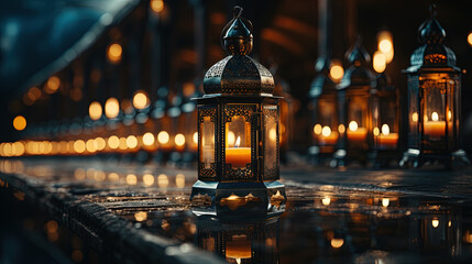 Ornamental Arabic Lantern with Burning Candle Glowing at Night Selective Focus Background