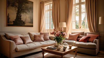 Comfortable living room interior with cozy pillows and blankets on a beige sofa in a bright sunny living room interior
