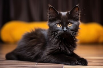 Black fluffy cat on a light background for Halloween, orange eyes
