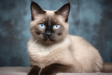 Portrait of a beautiful Burmese cat with blue eyes. Light background