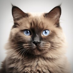Portrait of a beautiful Burmese cat with blue eyes. Light background