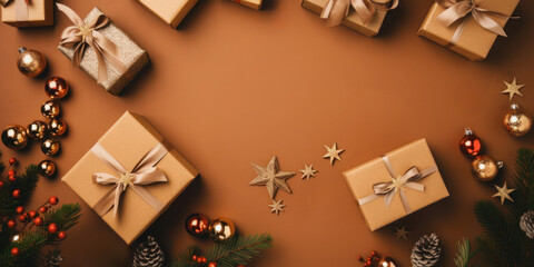 Arrangement of gift boxes and Christmas decorations on beige-orange backgroud. Copy space.
