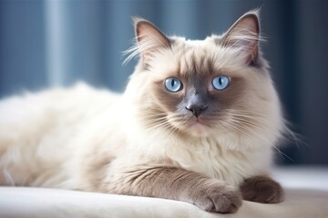 Portrait of a beautiful Burmese cat with blue eyes. Light background