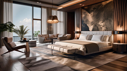 Modern luxury bedroom with double bed, pillows in a dark gloomy. A room with a view of the sea from the bed