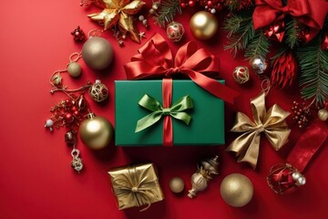 A festive environment with Christmas gifts and decorations on a flat red background. Perfect for holiday marketing and advertising. Green and red gifts are usually predominant.